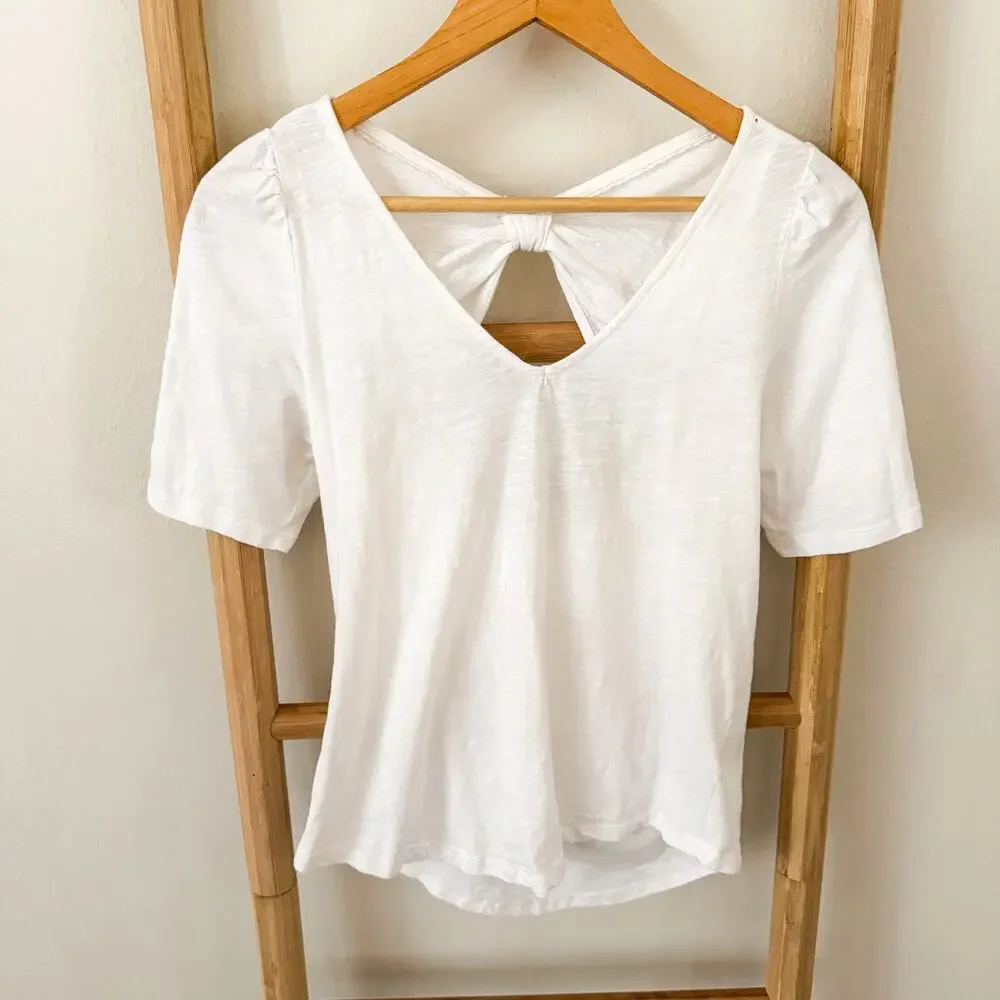 Meadow Rue Anthropologie White Bow Back Tee Puff Sleeve Top Size S
